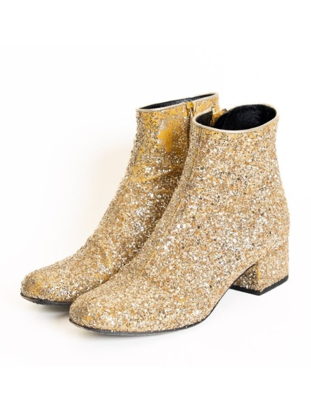Saint Laurent Babies Gold Glitter Ankle Boot Block Heel EU 36 US 6 COA Auth